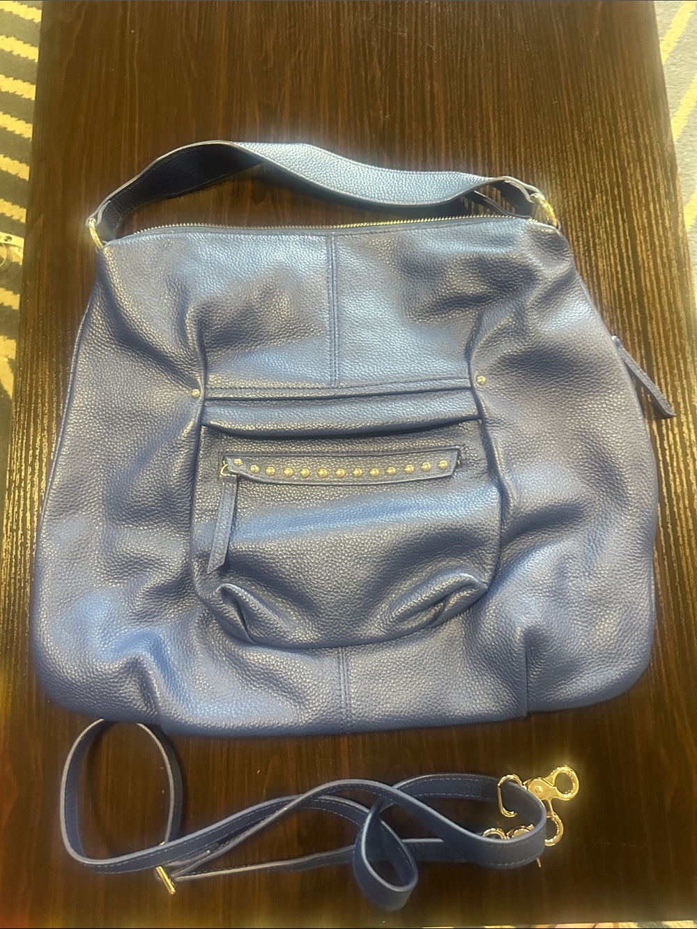 Everyday Blue Pebbled Leather Shoulder Bag with Stud Detail